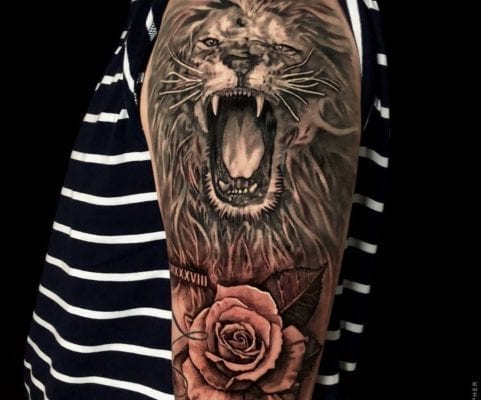 Lion and Rose | Electric Fresco Tattoos PDX