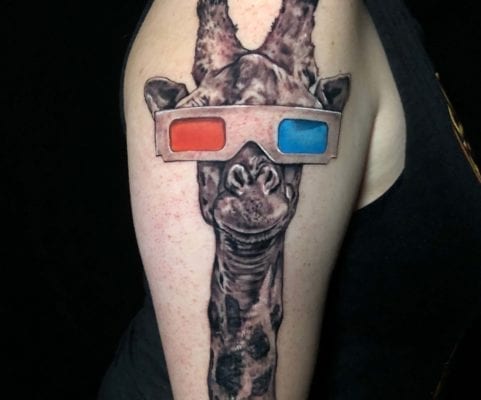 Giraffe with 3d Glasses | Electric Fresco Tattoos PDX