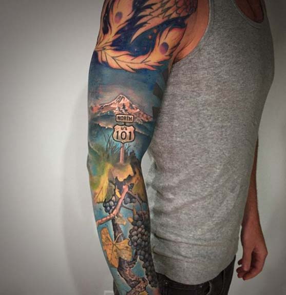 North 101 Landscape Sleeve | Electric Fresco Tattoos PDX