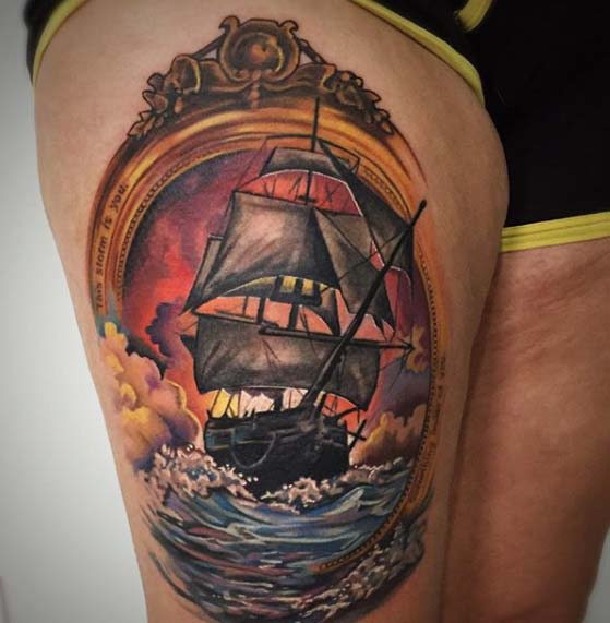 Color Ship on Thigh | Electric Fresco Tattoos PDX