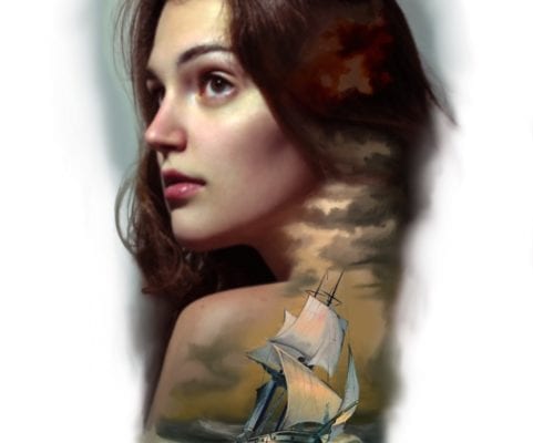 Available Tattoo: Woman Portrait Over a Ship | Electric Fresco Tattoos PDX