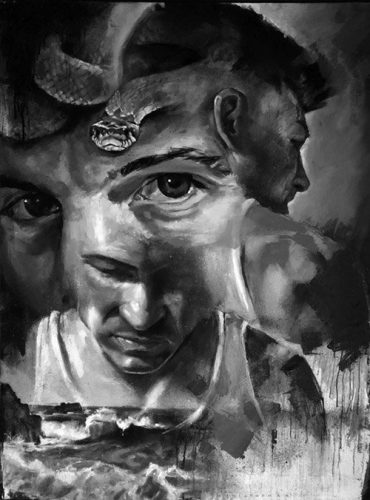 Electric-Fresco-Tattoos_abstract-portrait-man-snake Canvas artwork of snake with mans eyes and ocean